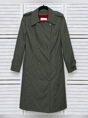 Vintage 1980s John Weitz Olive Green Trench Coat Size 2 Petite Made in USA